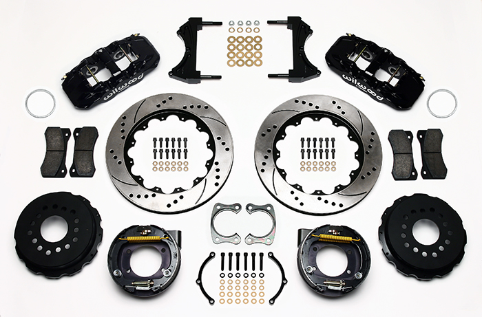 Wilwood AERO4 Big Brake Rear Parking Brake Kit Parts Laid Out - Black Powder Coat Caliper - SRP Drilled & Slotted Rotor