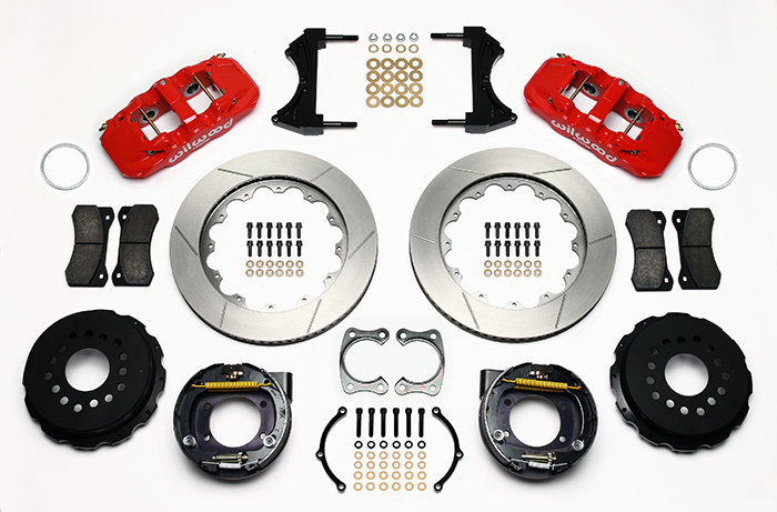 Wilwood AERO4 Big Brake Rear Parking Brake Kit Parts Laid Out - Red Powder Coat Caliper - GT Slotted Rotor