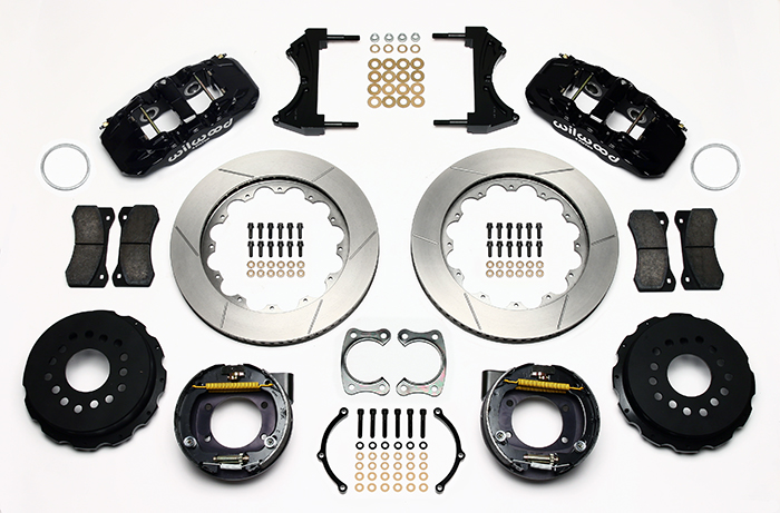 Wilwood AERO4 Big Brake Rear Parking Brake Kit Parts Laid Out - Black Powder Coat Caliper - GT Slotted Rotor