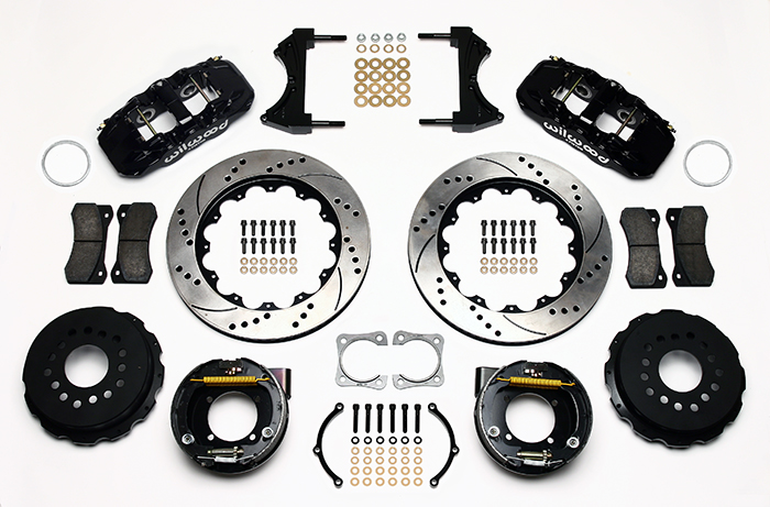 Wilwood AERO4 Big Brake Rear Parking Brake Kit Parts Laid Out - Black Powder Coat Caliper - SRP Drilled & Slotted Rotor