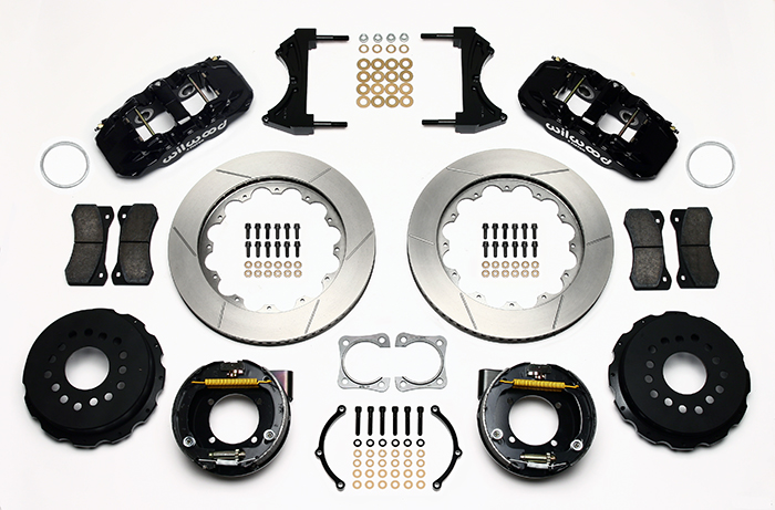 Wilwood AERO4 Big Brake Rear Parking Brake Kit Parts Laid Out - Black Powder Coat Caliper - GT Slotted Rotor