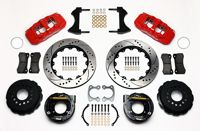 Wilwood AERO4 Big Brake Rear Parking Brake Kit Parts Laid Out - Red Powder Coat Caliper - SRP Drilled & Slotted Rotor