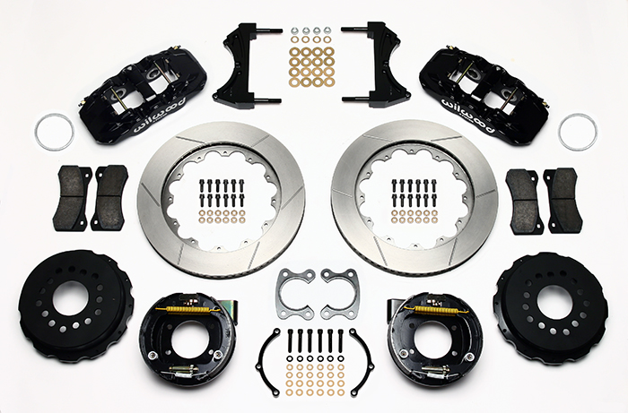 Wilwood AERO4 Big Brake Rear Parking Brake Kit Parts Laid Out - Black Powder Coat Caliper - GT Slotted Rotor