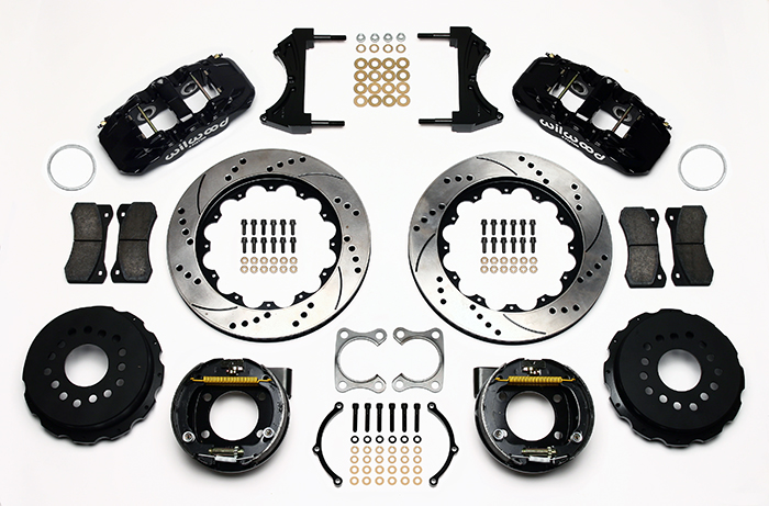 Wilwood AERO4 Big Brake Rear Parking Brake Kit Parts Laid Out - Black Powder Coat Caliper - SRP Drilled & Slotted Rotor