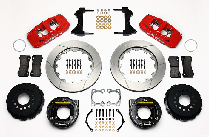 Wilwood AERO4 Big Brake Rear Parking Brake Kit Parts Laid Out - Red Powder Coat Caliper - GT Slotted Rotor