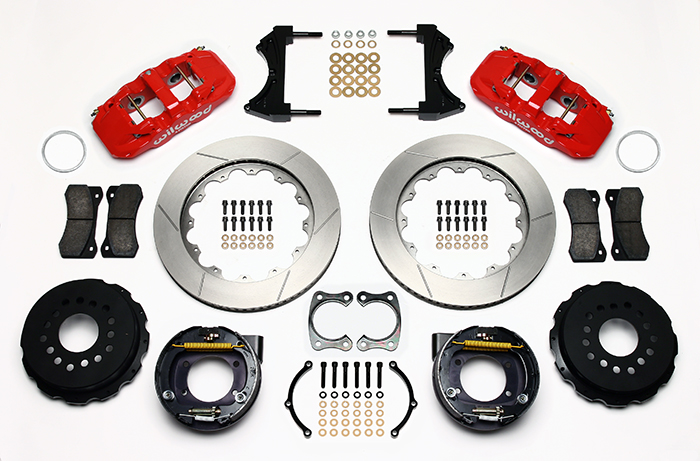 Wilwood AERO4 Big Brake Rear Parking Brake Kit Parts Laid Out - Red Powder Coat Caliper - GT Slotted Rotor