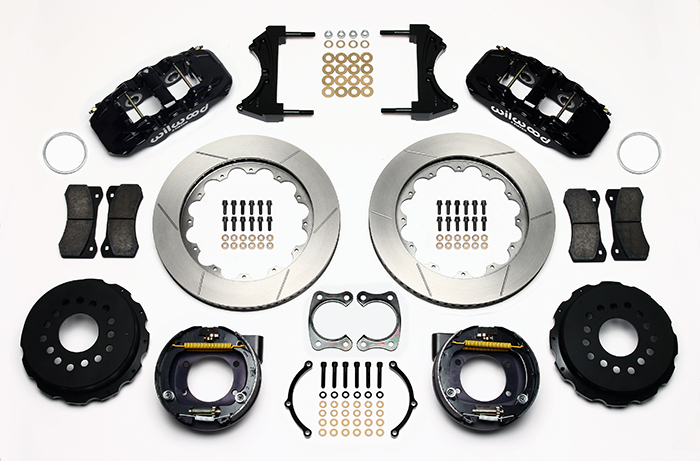 Wilwood AERO4 Big Brake Rear Parking Brake Kit Parts Laid Out - Black Powder Coat Caliper - GT Slotted Rotor