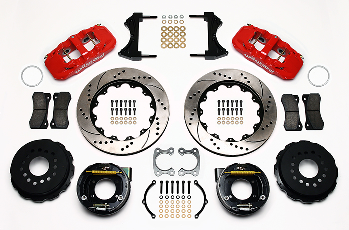 Wilwood AERO4 Big Brake Rear Parking Brake Kit Parts Laid Out - Red Powder Coat Caliper - SRP Drilled & Slotted Rotor