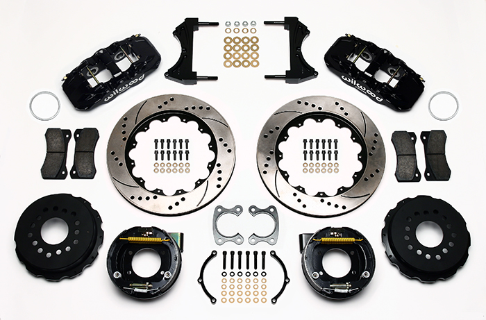 Wilwood AERO4 Big Brake Rear Parking Brake Kit Parts Laid Out - Black Powder Coat Caliper - SRP Drilled & Slotted Rotor