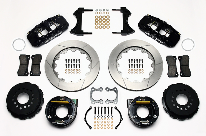 Wilwood AERO4 Big Brake Rear Parking Brake Kit Parts Laid Out - Black Powder Coat Caliper - GT Slotted Rotor