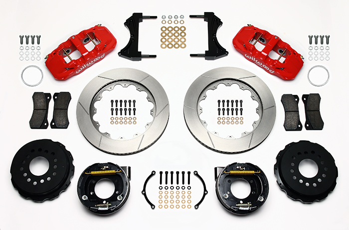 Wilwood AERO4 Big Brake Rear Parking Brake Kit Parts Laid Out - Red Powder Coat Caliper - GT Slotted Rotor