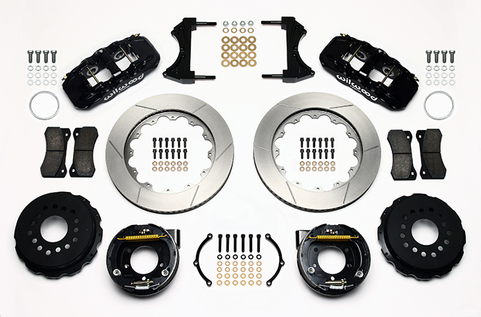 Wilwood AERO4 Big Brake Rear Parking Brake Kit Parts Laid Out - Black Powder Coat Caliper - GT Slotted Rotor