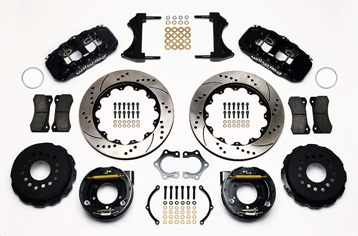 Wilwood AERO4 Big Brake Rear Parking Brake Kit Parts Laid Out - Black Powder Coat Caliper - SRP Drilled & Slotted Rotor