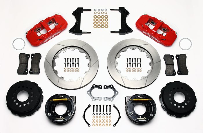 Wilwood AERO4 Big Brake Rear Parking Brake Kit Parts Laid Out - Red Powder Coat Caliper - GT Slotted Rotor