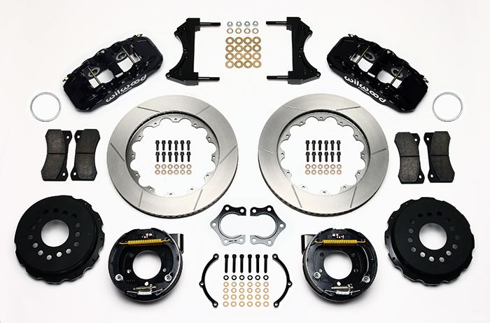 Wilwood AERO4 Big Brake Rear Parking Brake Kit Parts Laid Out - Black Powder Coat Caliper - GT Slotted Rotor