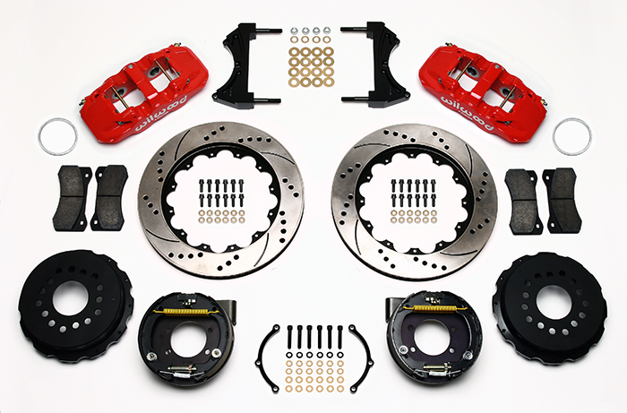 Wilwood AERO4 Big Brake Rear Parking Brake Kit Parts Laid Out - Red Powder Coat Caliper - SRP Drilled & Slotted Rotor