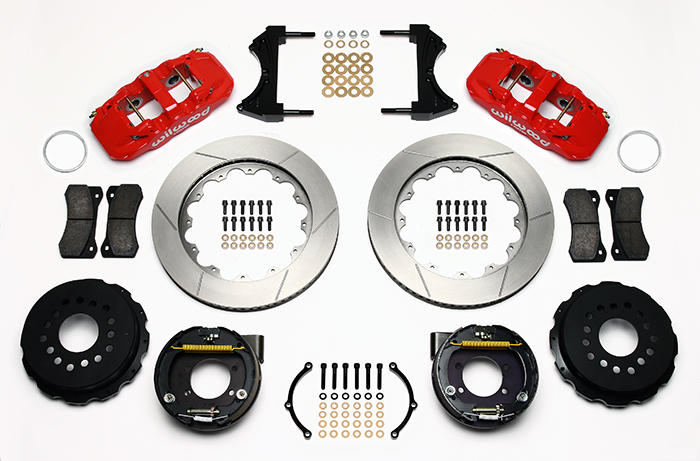 Wilwood AERO4 Big Brake Rear Parking Brake Kit Parts Laid Out - Red Powder Coat Caliper - GT Slotted Rotor