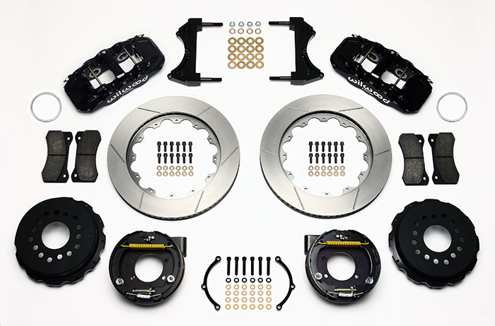 Wilwood AERO4 Big Brake Rear Parking Brake Kit Parts Laid Out - Black Powder Coat Caliper - GT Slotted Rotor