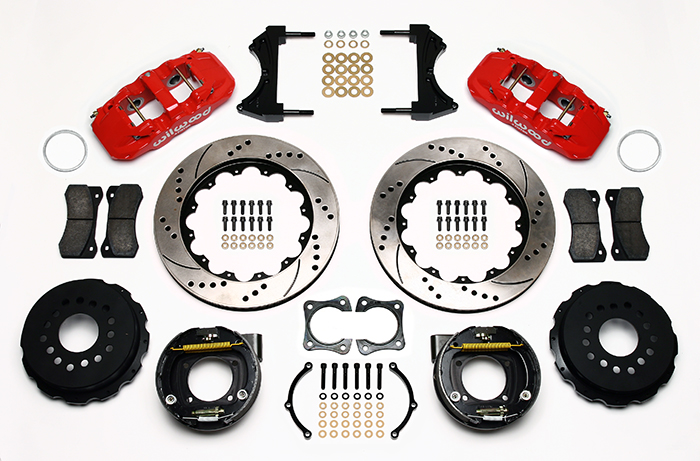 Wilwood AERO4 Big Brake Rear Parking Brake Kit Parts Laid Out - Red Powder Coat Caliper - SRP Drilled & Slotted Rotor