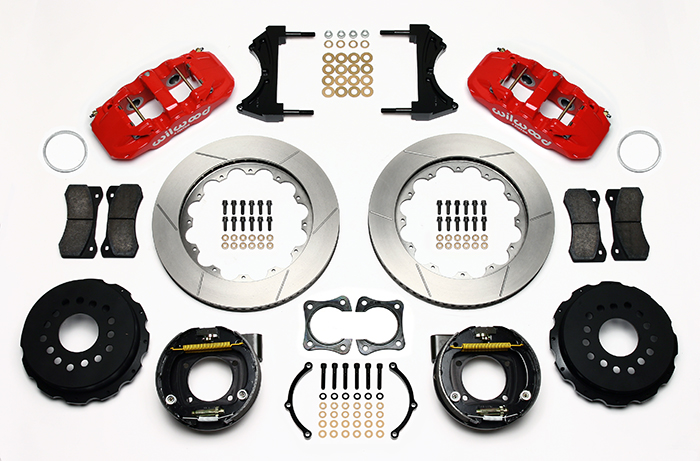 Wilwood AERO4 Big Brake Rear Parking Brake Kit Parts Laid Out - Red Powder Coat Caliper - GT Slotted Rotor