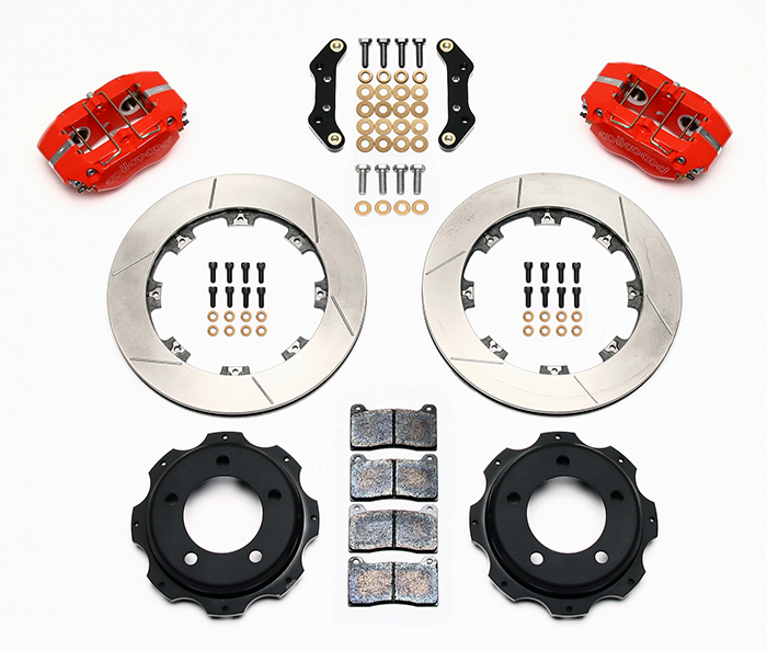 Wilwood Dynapro Rear Brake Kit For OE Parking Brake Parts Laid Out - Red Powder Coat Caliper - SRP Drilled & Slotted Rotor