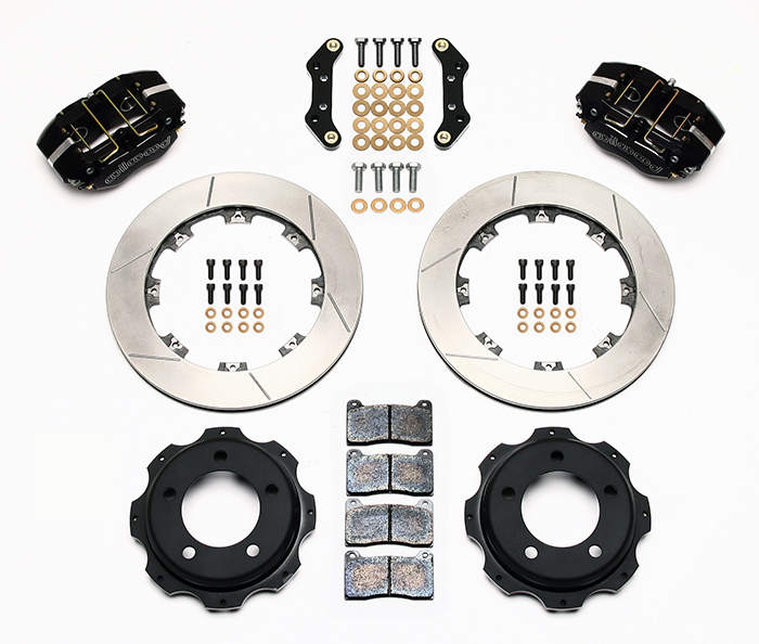 Wilwood Dynapro Rear Brake Kit For OE Parking Brake Parts Laid Out - Black Powder Coat Caliper - SRP Drilled & Slotted Rotor