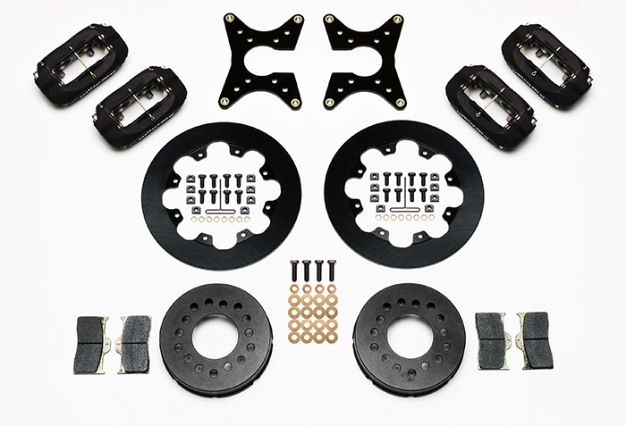 Wilwood Forged Dynalite Dual Dynamic Rear Drag Brake Kit Parts Laid Out - Type III Anodize Caliper - Plain Face Rotor