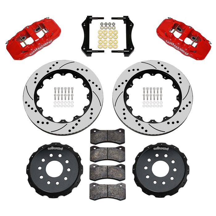 Wilwood AERO4 Big Brake Rear Brake Kit For OE Parking Brake Parts Laid Out - Red Powder Coat Caliper - SRP Drilled & Slotted Rotor