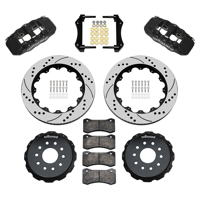 Wilwood AERO4 Big Brake Rear Brake Kit For OE Parking Brake Parts Laid Out - Black Powder Coat Caliper - SRP Drilled & Slotted Rotor