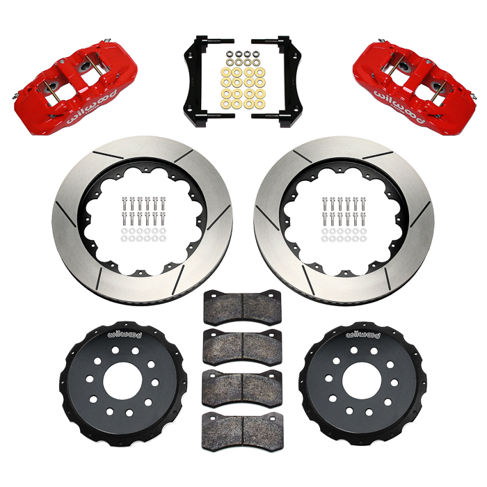 Wilwood AERO4 Big Brake Rear Brake Kit For OE Parking Brake Parts Laid Out - Red Powder Coat Caliper - GT Slotted Rotor