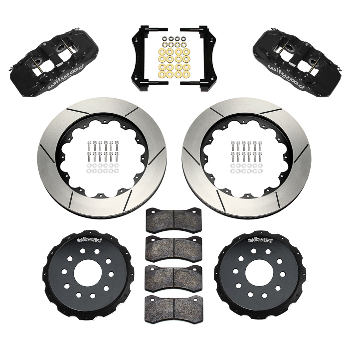 Wilwood AERO4 Big Brake Rear Brake Kit For OE Parking Brake Parts Laid Out - Black Powder Coat Caliper - GT Slotted Rotor