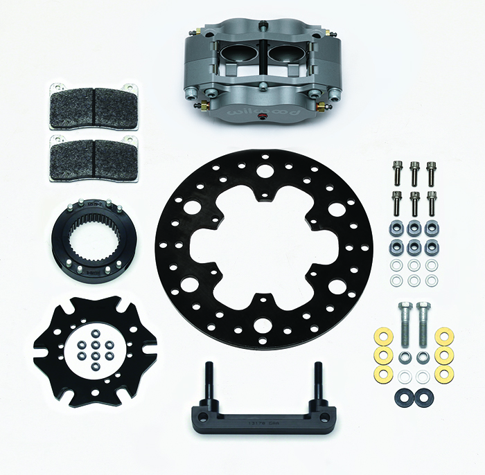 Wilwood Billet Narrow Dynalite Radial Mount Midget Inboard Brake Kit Parts Laid Out - Type III Anodize Caliper - Drilled Rotor