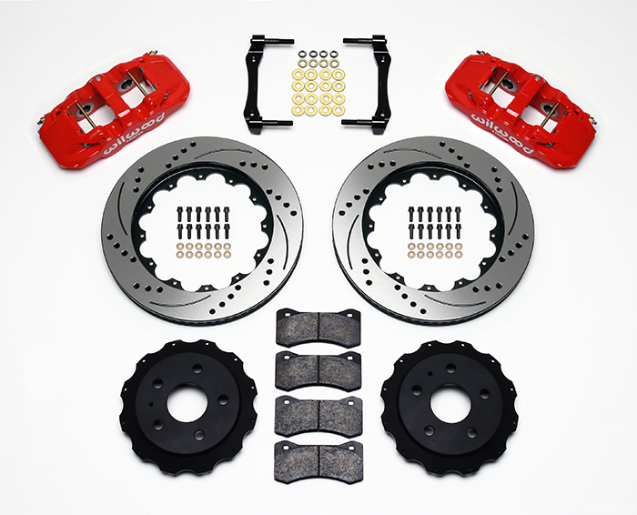 Wilwood AERO4 Big Brake Rear Brake Kit For OE Parking Brake Parts Laid Out - Red Powder Coat Caliper - SRP Drilled & Slotted Rotor