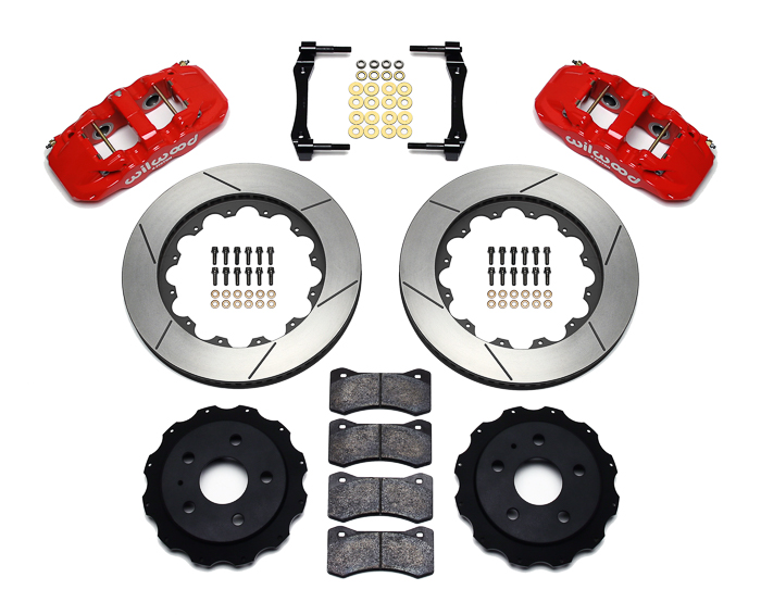 Wilwood AERO4 Big Brake Rear Brake Kit For OE Parking Brake Parts Laid Out - Red Powder Coat Caliper - GT Slotted Rotor