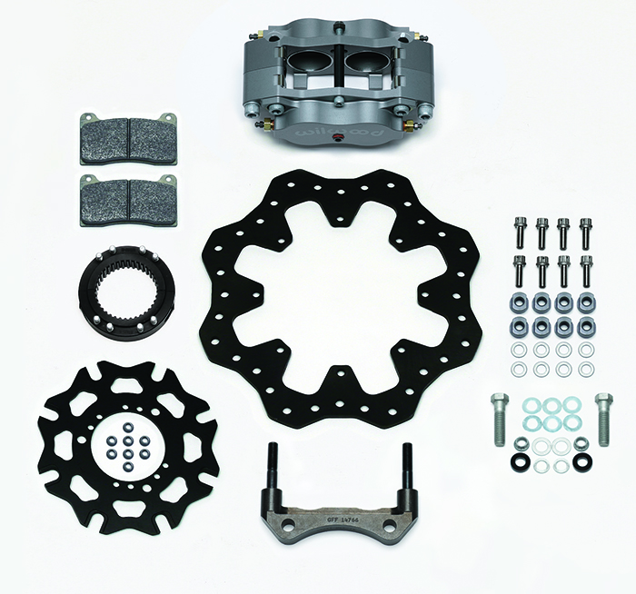 Wilwood Billet Narrow Dynalite Radial Mount Sprint Inboard Brake Kit Parts Laid Out - Type III Ano Caliper - Drilled Rotor