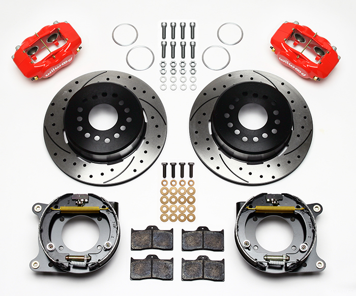 Wilwood Forged Dynalite Rear Parking Brake Kit Parts Laid Out - Red Powder Coat Caliper - SRP Drilled & Slotted Rotor