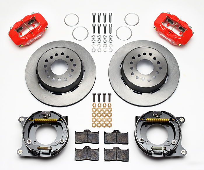 Wilwood Forged Dynalite Rear Parking Brake Kit Parts Laid Out - Red Powder Coat Caliper - Plain Face Rotor