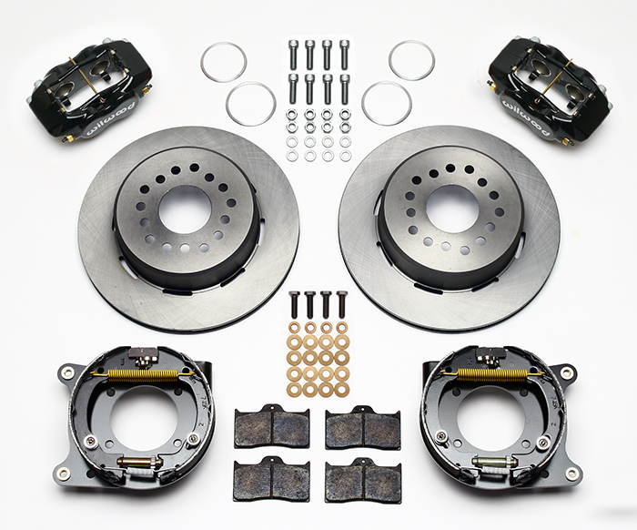 Wilwood Forged Dynalite Rear Parking Brake Kit Parts Laid Out - Black Powder Coat Caliper - Plain Face Rotor