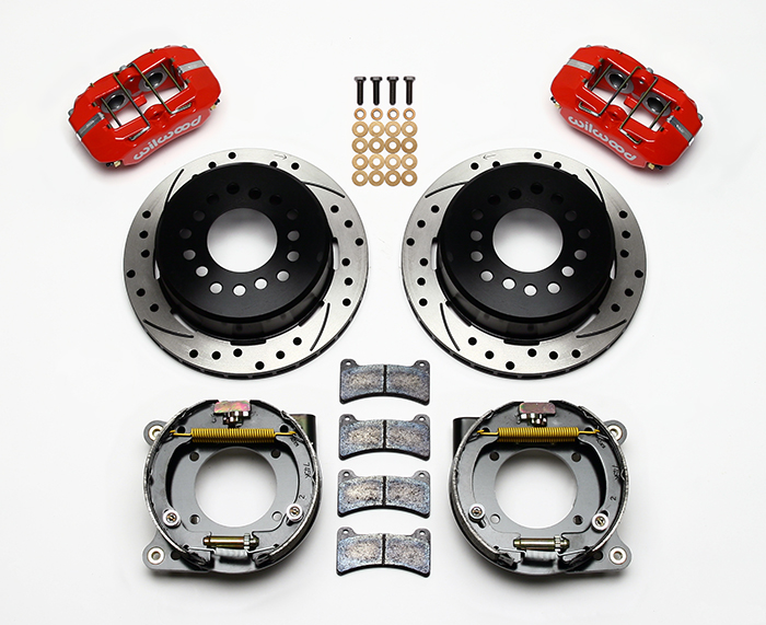 Wilwood Forged Dynapro Low-Profile Rear Parking Brake Kit Parts Laid Out - Red Powder Coat Caliper - SRP Drilled & Slotted Rotor