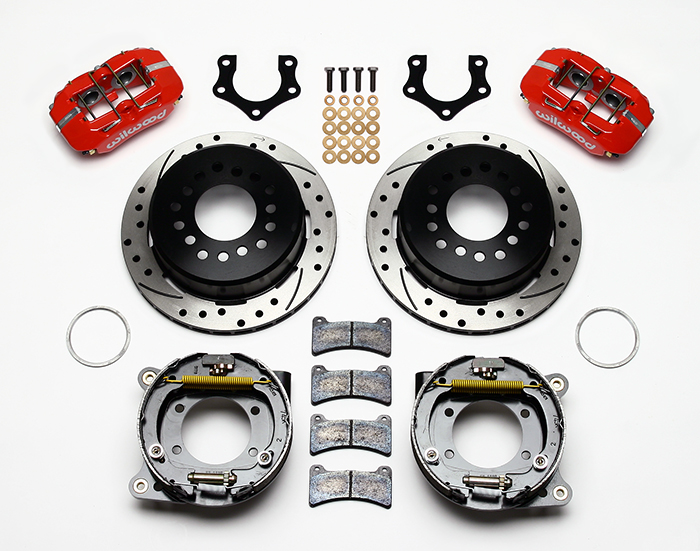 Wilwood Forged Dynapro Low-Profile Rear Parking Brake Kit Parts Laid Out - Red Powder Coat Caliper - SRP Drilled & Slotted Rotor