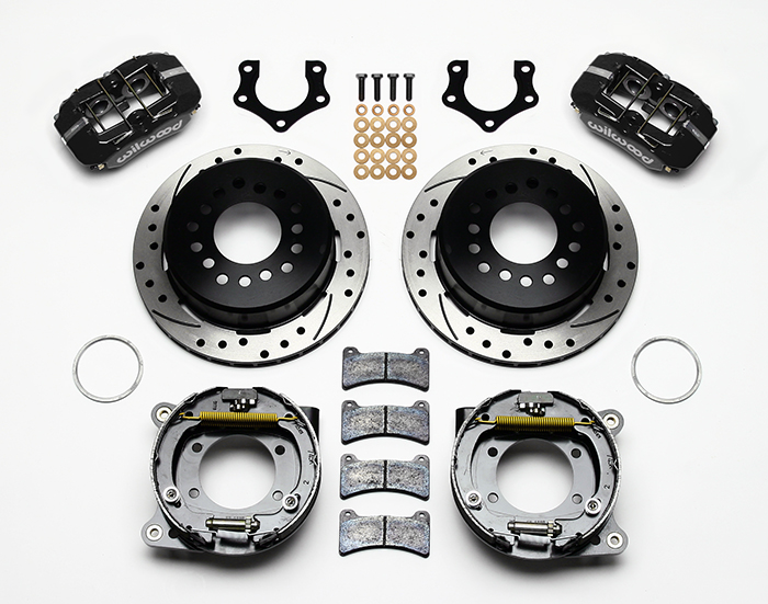 Wilwood Forged Dynapro Low-Profile Rear Parking Brake Kit Parts Laid Out - Black Powder Coat Caliper - SRP Drilled & Slotted Rotor