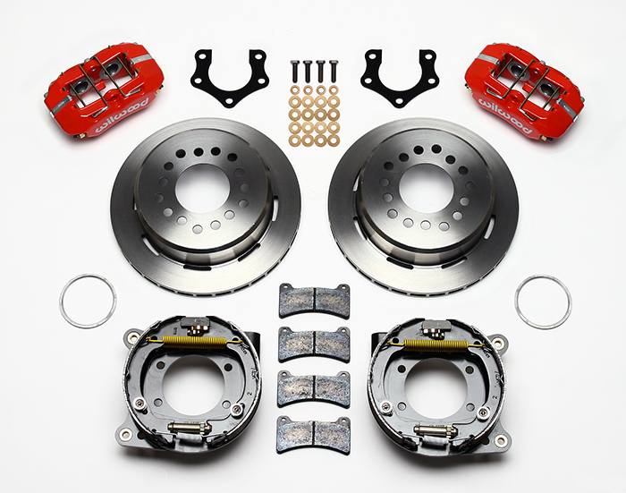 Wilwood Forged Dynapro Low-Profile Rear Parking Brake Kit Parts Laid Out - Plain Face Rotor