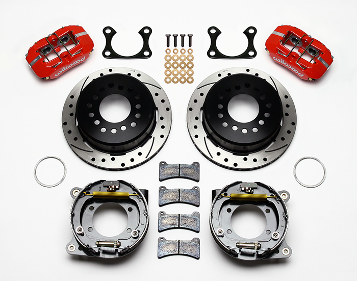 Wilwood Forged Dynapro Low-Profile Rear Parking Brake Kit Parts Laid Out - Red Powder Coat Caliper - SRP Drilled & Slotted Rotor