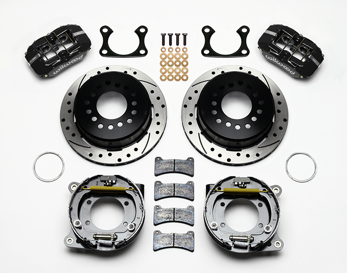 Wilwood Forged Dynapro Low-Profile Rear Parking Brake Kit Parts Laid Out - Black Powder Coat Caliper - SRP Drilled & Slotted Rotor