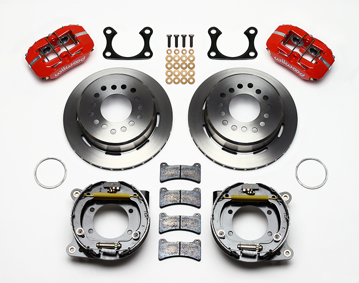 Wilwood Forged Dynapro Low-Profile Rear Parking Brake Kit Parts Laid Out - Red Powder Coat Caliper - Plain Face Rotor