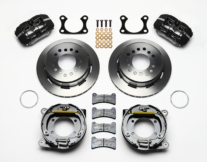 Wilwood Forged Dynapro Low-Profile Rear Parking Brake Kit Parts Laid Out - Black Powder Coat Caliper - Plain Face Rotor