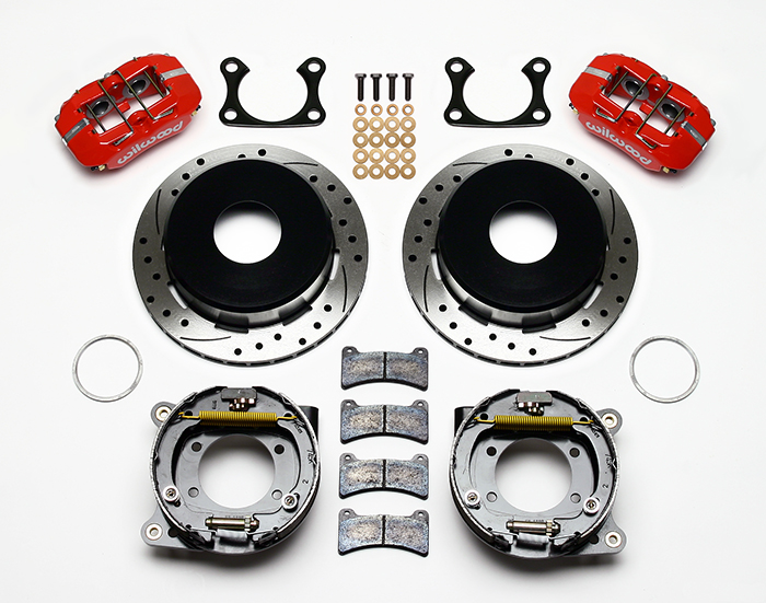 Wilwood Forged Dynapro Low-Profile Rear Parking Brake Kit Parts Laid Out - Red Powder Coat Caliper - SRP Drilled & Slotted Rotor