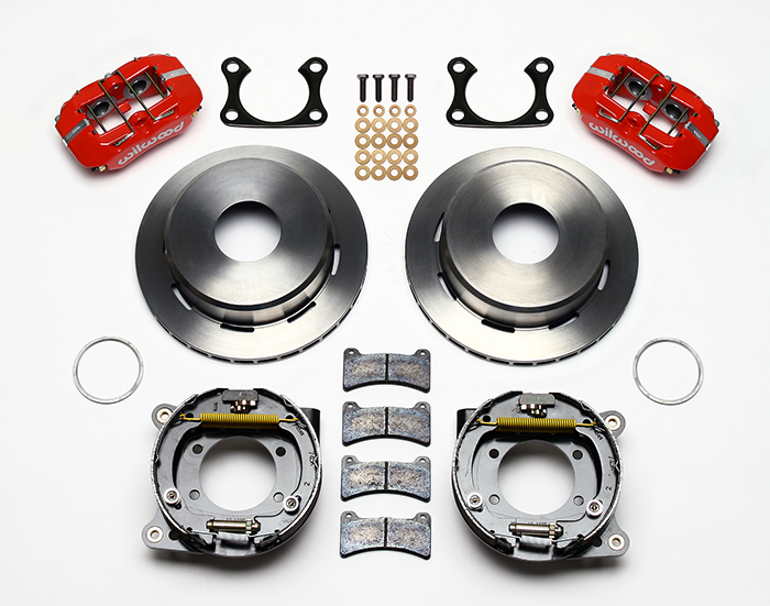 Wilwood Forged Dynapro Low-Profile Rear Parking Brake Kit Parts Laid Out - Red Powder Coat Caliper - Plain Face Rotor