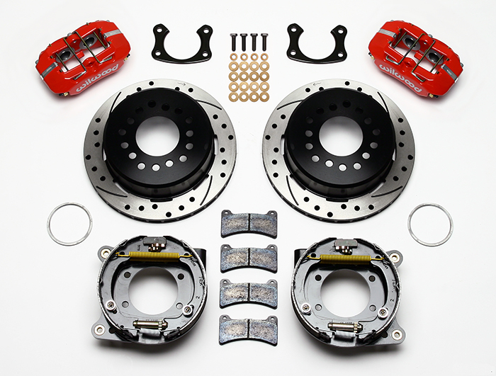 Wilwood Forged Dynapro Low-Profile Rear Parking Brake Kit Parts Laid Out - Red Powder Coat Caliper - SRP Drilled & Slotted Rotor