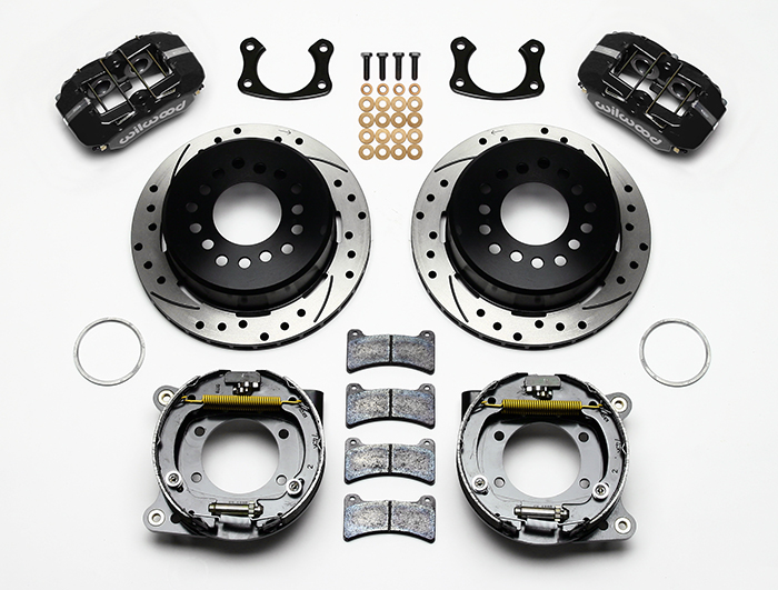 Wilwood Forged Dynapro Low-Profile Rear Parking Brake Kit Parts Laid Out - Black Powder Coat Caliper - SRP Drilled & Slotted Rotor